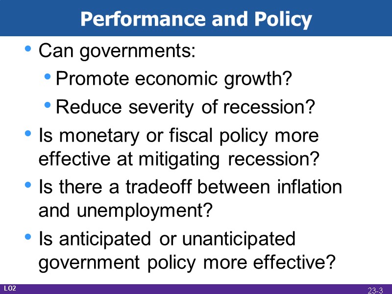 Performance and Policy Can governments: Promote economic growth? Reduce severity of recession? Is monetary